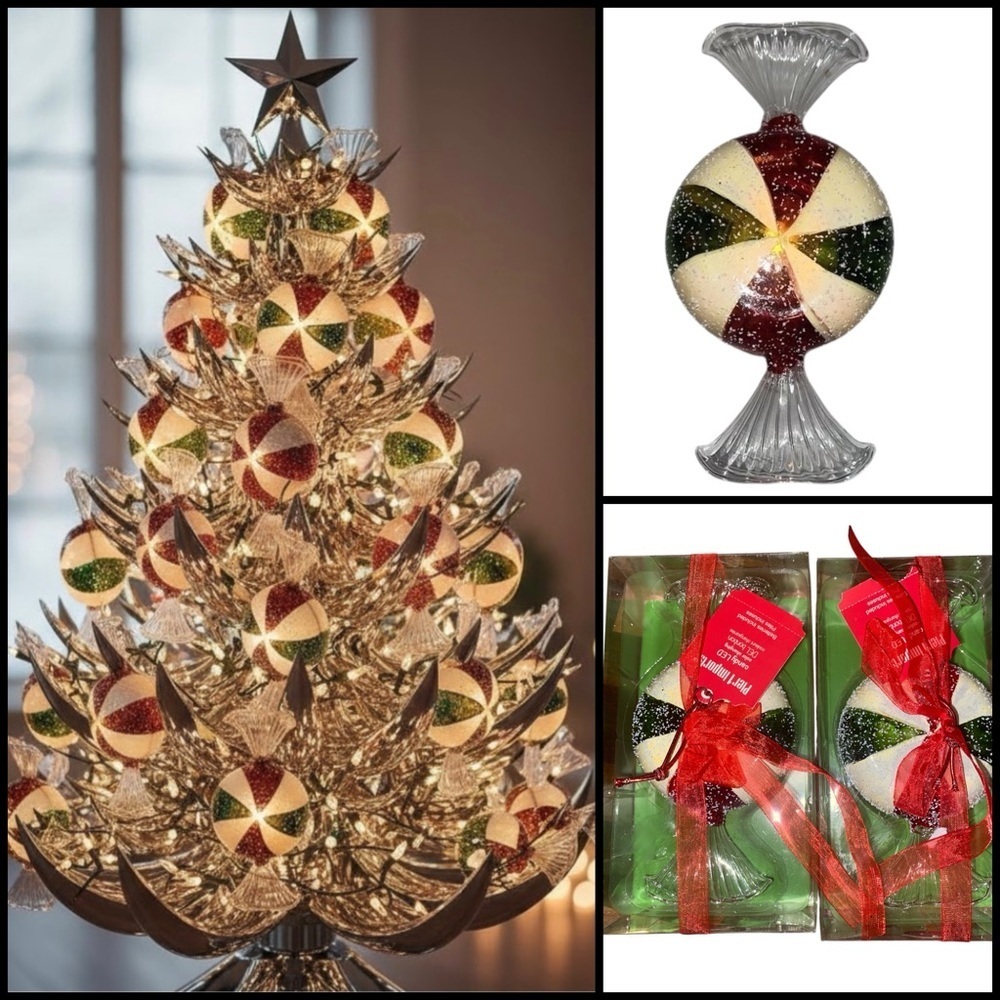 2 Pier 1 LED Del bonbon Peppermint Candy Light Up Ornaments Red White Green 6.5”